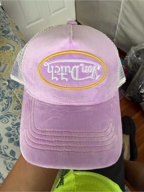 Von Dutch Lavender Velvet Trucker Hat with Yellow Accent